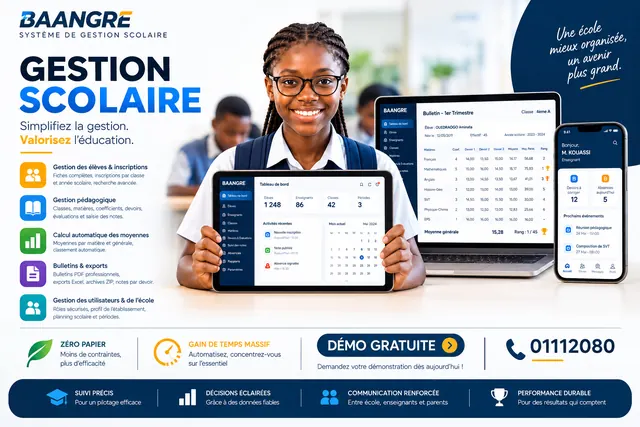 Logiciel Baangre : tableau de bord, bulletin et application mobile enseignant