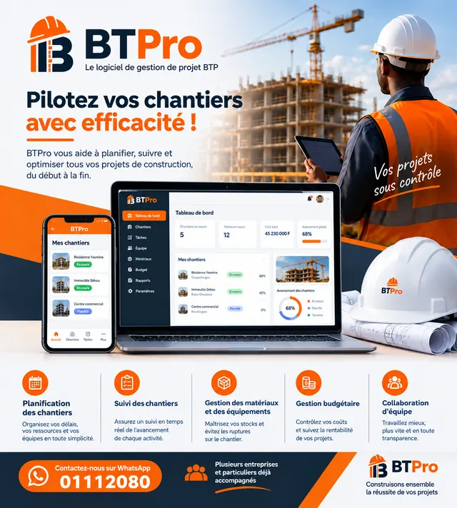 Logiciel BTPro : suivi des chantiers sur ordinateur et téléphone