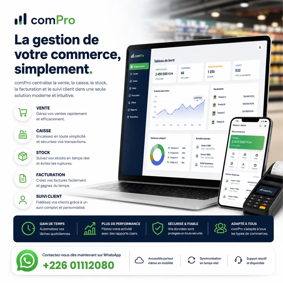 Tableau de bord du logiciel comPro sur ordinateur et téléphone