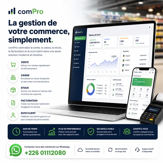 Tableau de bord du logiciel comPro sur ordinateur et téléphone