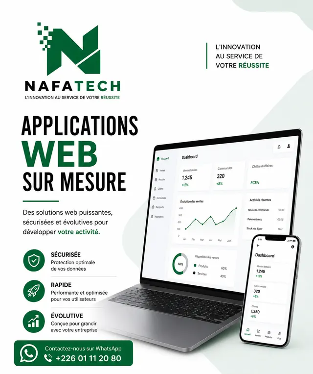 Application web sur mesure Nafatech : tableau de bord sur ordinateur et téléphone